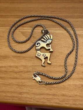 Signed Navajo Sandoval Kokopelli Pendant with unique sterling silver chain